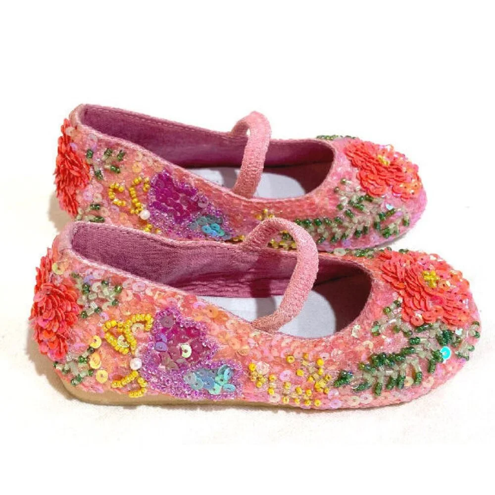 NEW sz 3, 5 Baby Sequin Beaded Coral Pink Green Girls Ballerina Flats Shoes‎